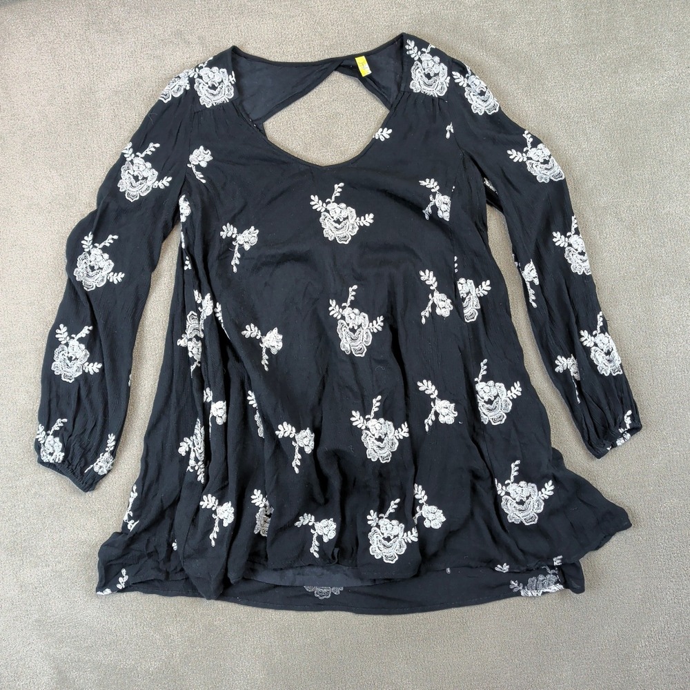 Free People Dress Womens Small Black Floral Embroidered Open Back Mini Boho Boho